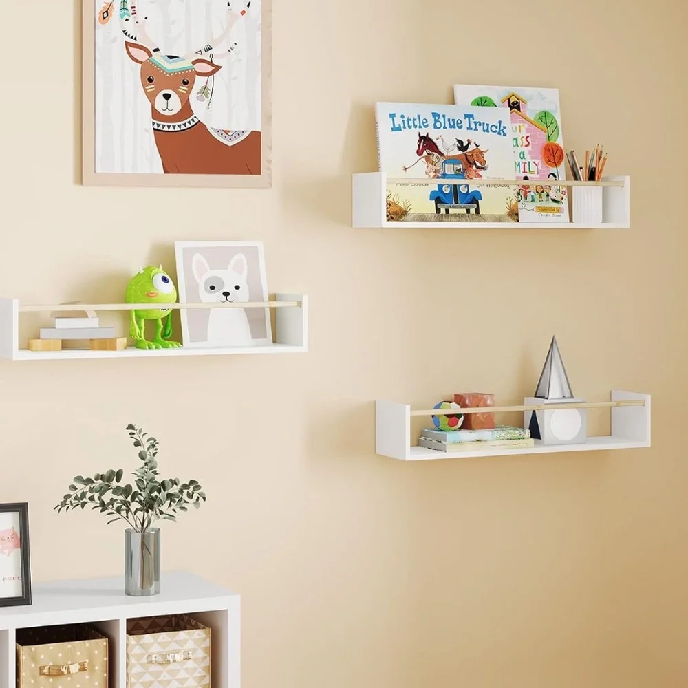 NEW! 16.5 Inch Floating Wall Bookshelves Set of 3 Solid Wood White and Natural